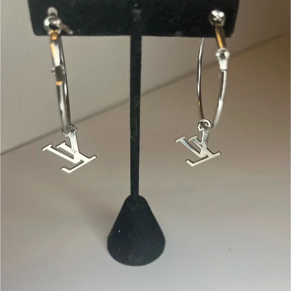 Upcycled Silver LV Louis Vuitton Stamped Charm 30mm Hoop Earrings - Picture 11 of 12
